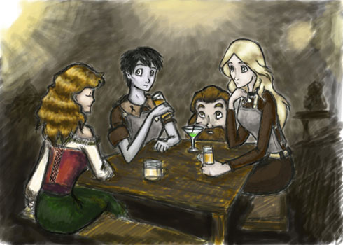 Ангуа, Салли, Веселинка и Тауни (Смуглняка) в баре, иллюстрация к Thud!